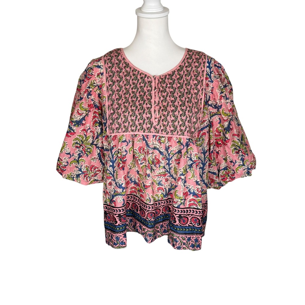 Farmers Market Pink Floral Block Print Smocked Babydoll Blouse Large Cottagecore